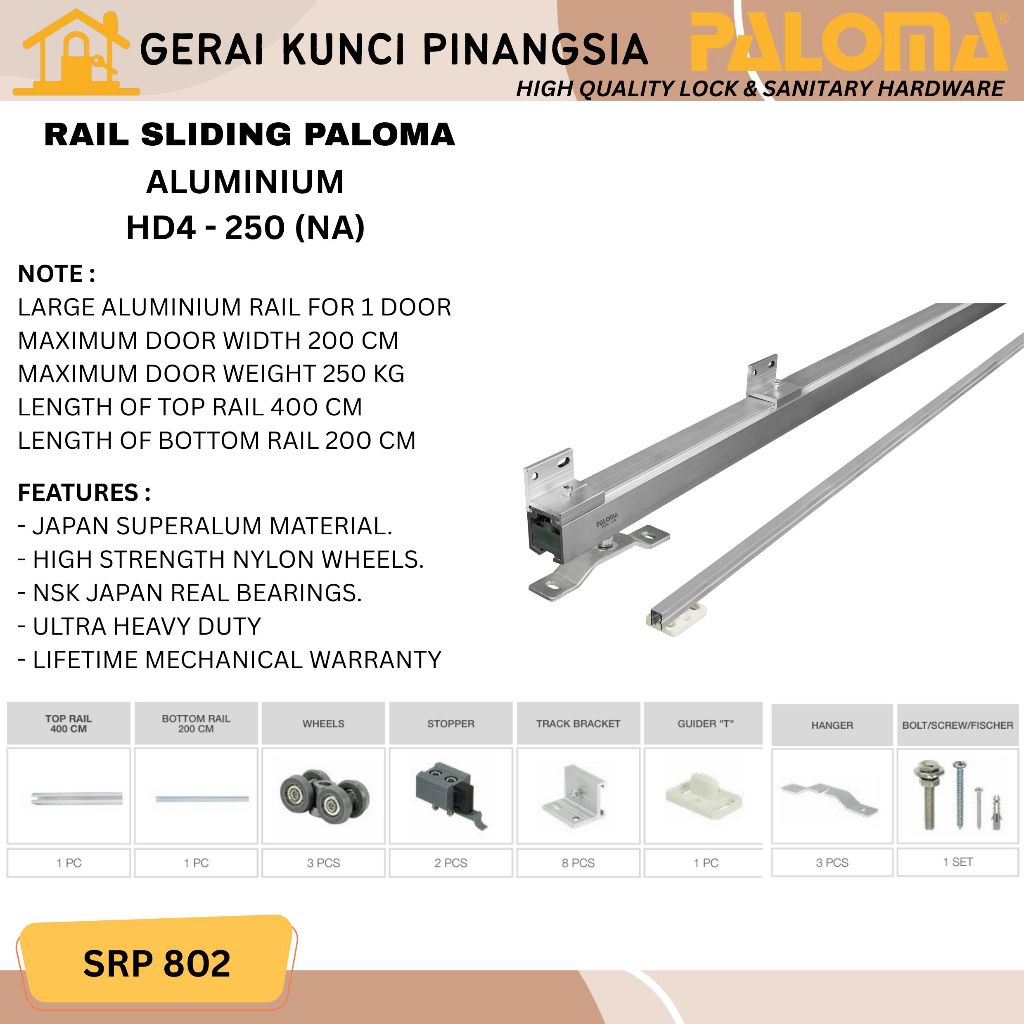 PALOMA SRP 802 Sliding Rail Pintu Berat Aluminium Panjang 4 Meter Pintu 1 Daun Maksimal Berat 250KG