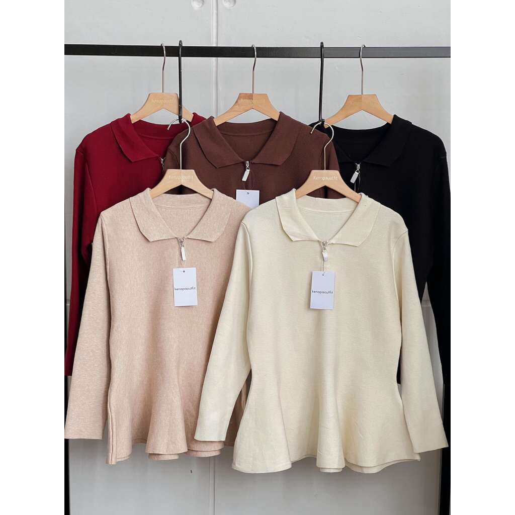 atasan knit peplum knit half zipper wanita