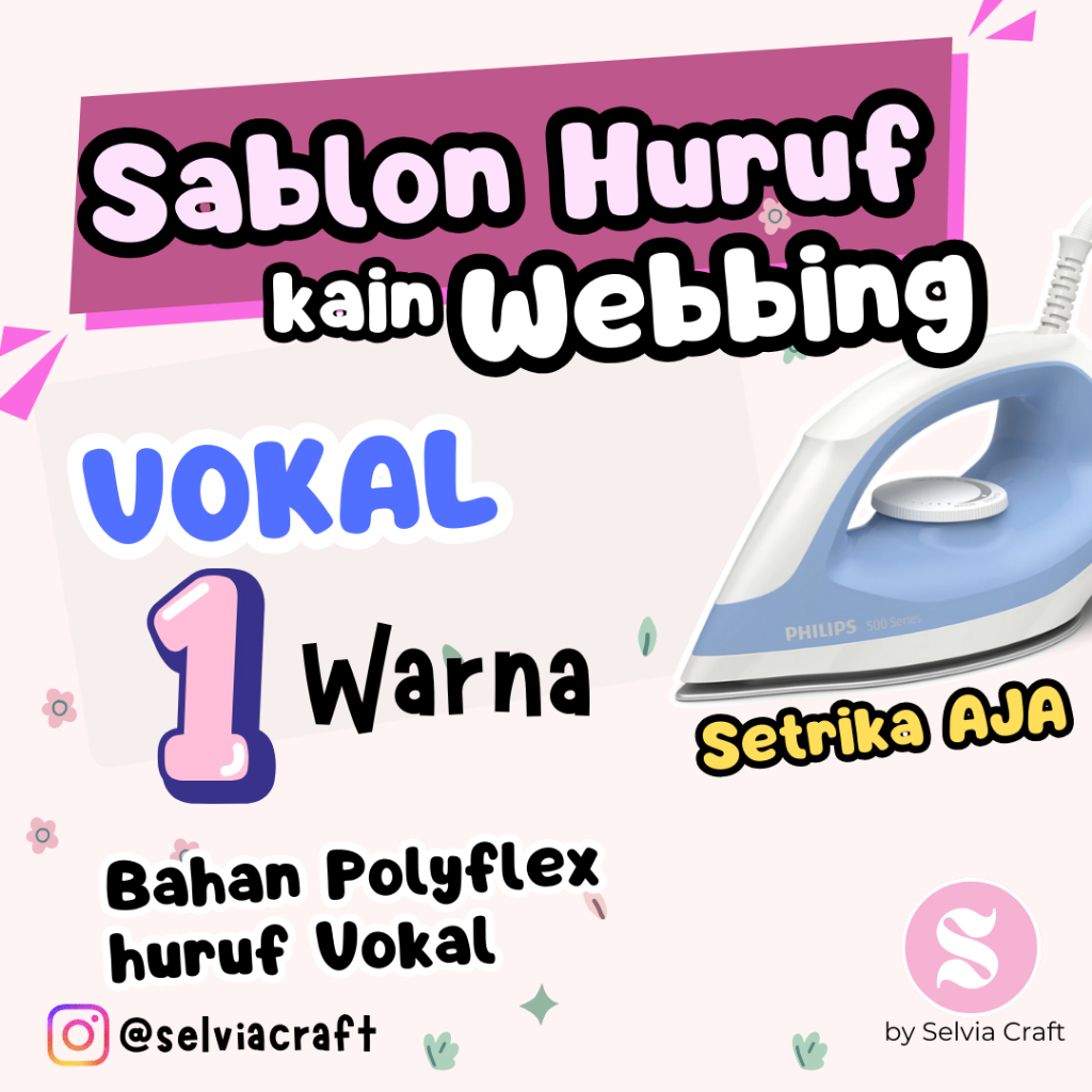 Sablon Huruf Polyfllex Webbing VOKAL TOTAL 175++ HURUF 1 Warna Tinggal Setrika