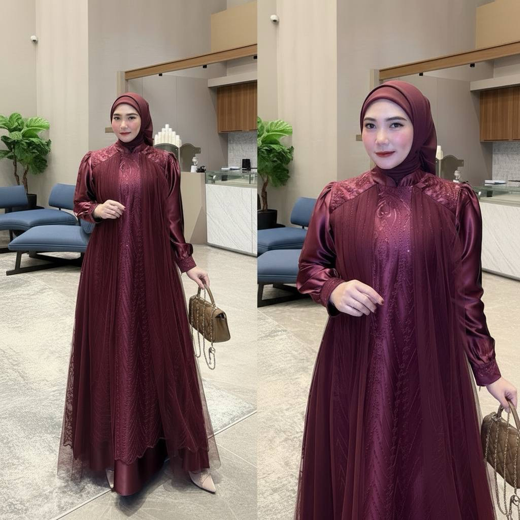 Leya Dress Wanita Kondangan Tille Brokat Payet Mix Maxmara Gamis Brukat Kekinian