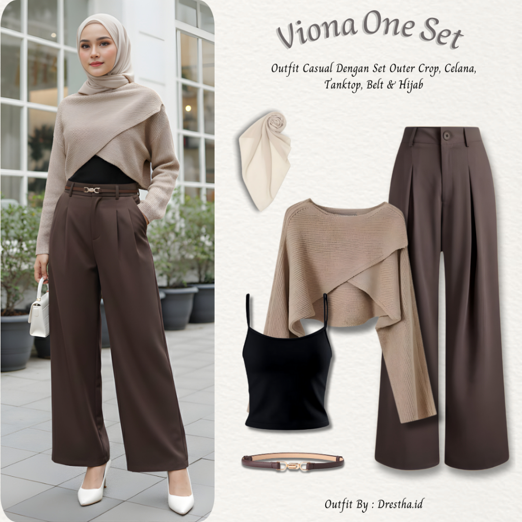 Viona One Set Wanita 5in1 | Outfit Viral Old Money Look | Set Outer Rajut Crop Celana Coklat + Tankt