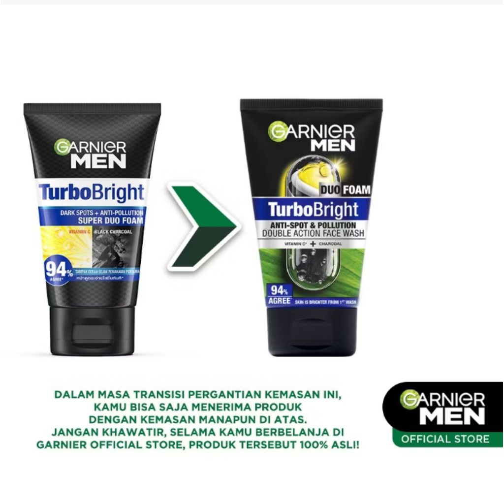 Mall |ORI GARNIER Men Paket Skincare Mencerahkan Turbo Bright 5x Vitamin C Super Serum Gel 30ml + S.