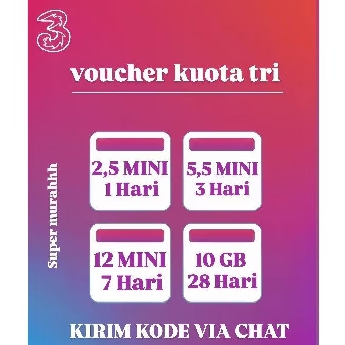 Voucher kuota data tri harian ( 2,5 mini, 5,5 mini, 12 mini) | kirim kode Via Chat