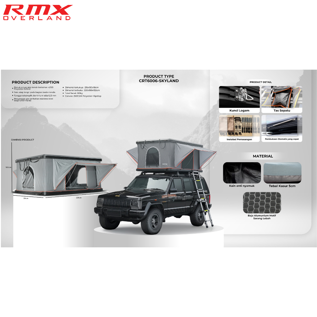 RMX Overland Rooftent Rooftop Roof Tent Tenda Atap Mobil Skyland Rectangular Hard Shell