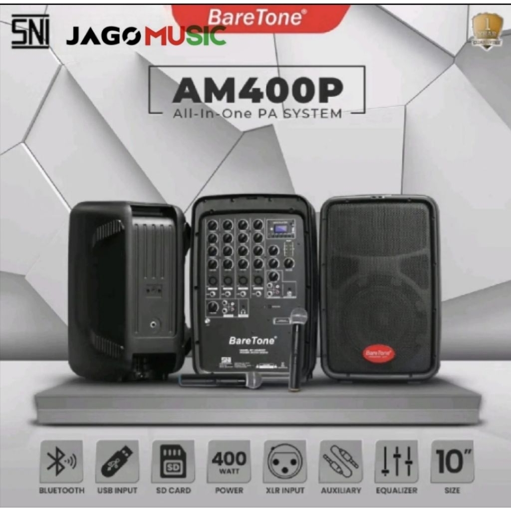 Baretone Power Mixer AM400P + 1 Pasang 2 Way Pasif Loundspeaker + Microphone Speaker Baretone AM 400