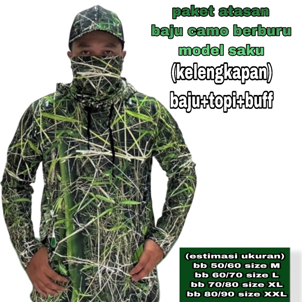 Baju Berrburu Camo motif bambu D1(baju+topi+buff)