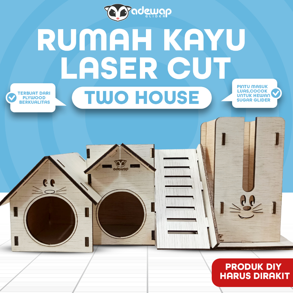 ADEWAP GLIDER Two House Laser Cut Rumah Kayu Sugar Glider Hamster Marmut Tempat Bersembunyi & Bermain Hewan Kecil