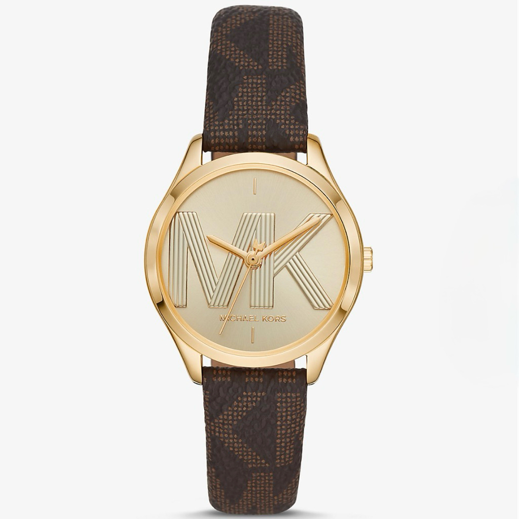 Jam Tangan Wanita MK2862 Jaycie Gold Dial Brown Monogram Leather Strap