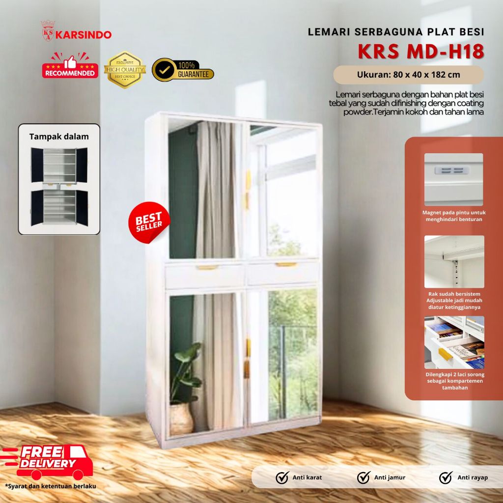 Karsindo Lemari Pakaian Besi Kabinet Rak Baju Sepatu Serbaguna Full Cermin Tahan Lama SC D18-M