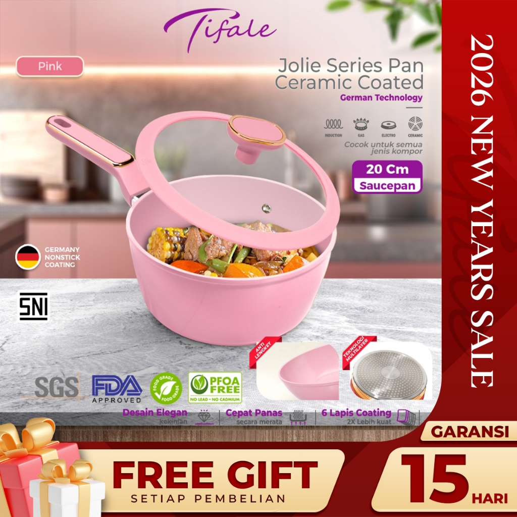 Tifale Aesthetic Jolie Sauce Pan 20CM Pink Panci Granit Marble Anit Lengket Panci Mpasi