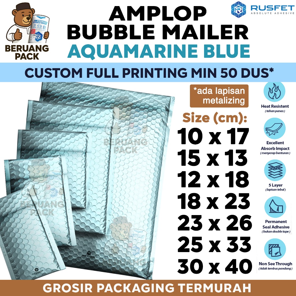 Amplop Bubble Wrap AQUAMARINE BLUE Biru Envelope Bubble Bag Mailer Security Packing Perekat Paket