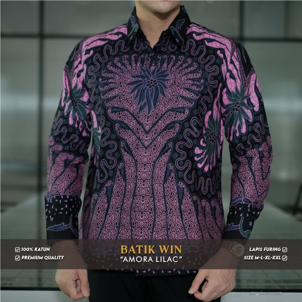 Kemeja Batik Win Baju Batik Pria Motif AMORA Pink Lilac Modern Lengan Panjang Slim Fit Premium Warna