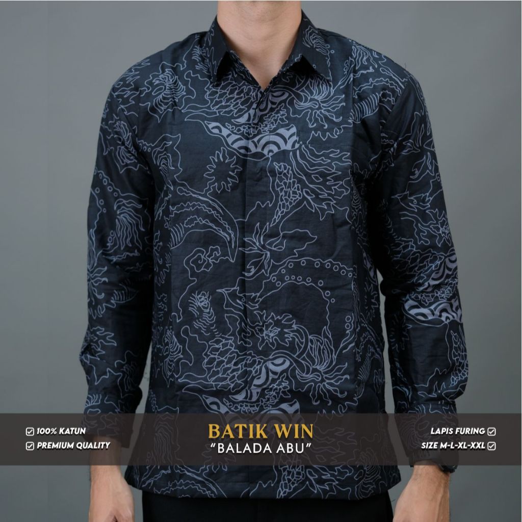Kemeja Batik Win Baju Batik Pria Motif BALADA ABU Modern Lengan Panjang Slim Fit Premium