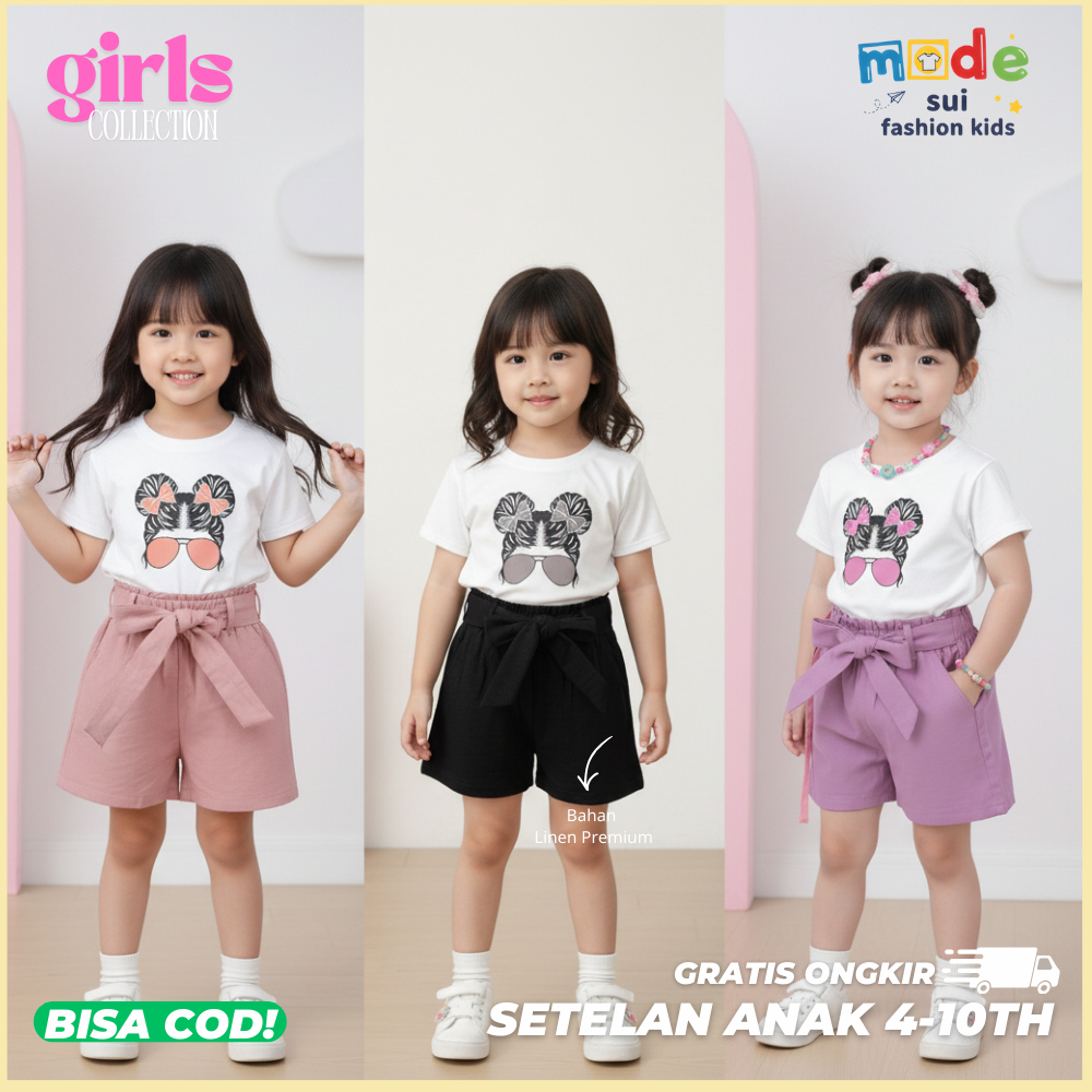 Baju Setelan Anak Perempuan Fashion Cewek Linen Permium Umur 4-10 Tahun - Model Hotpants Set Glassgi