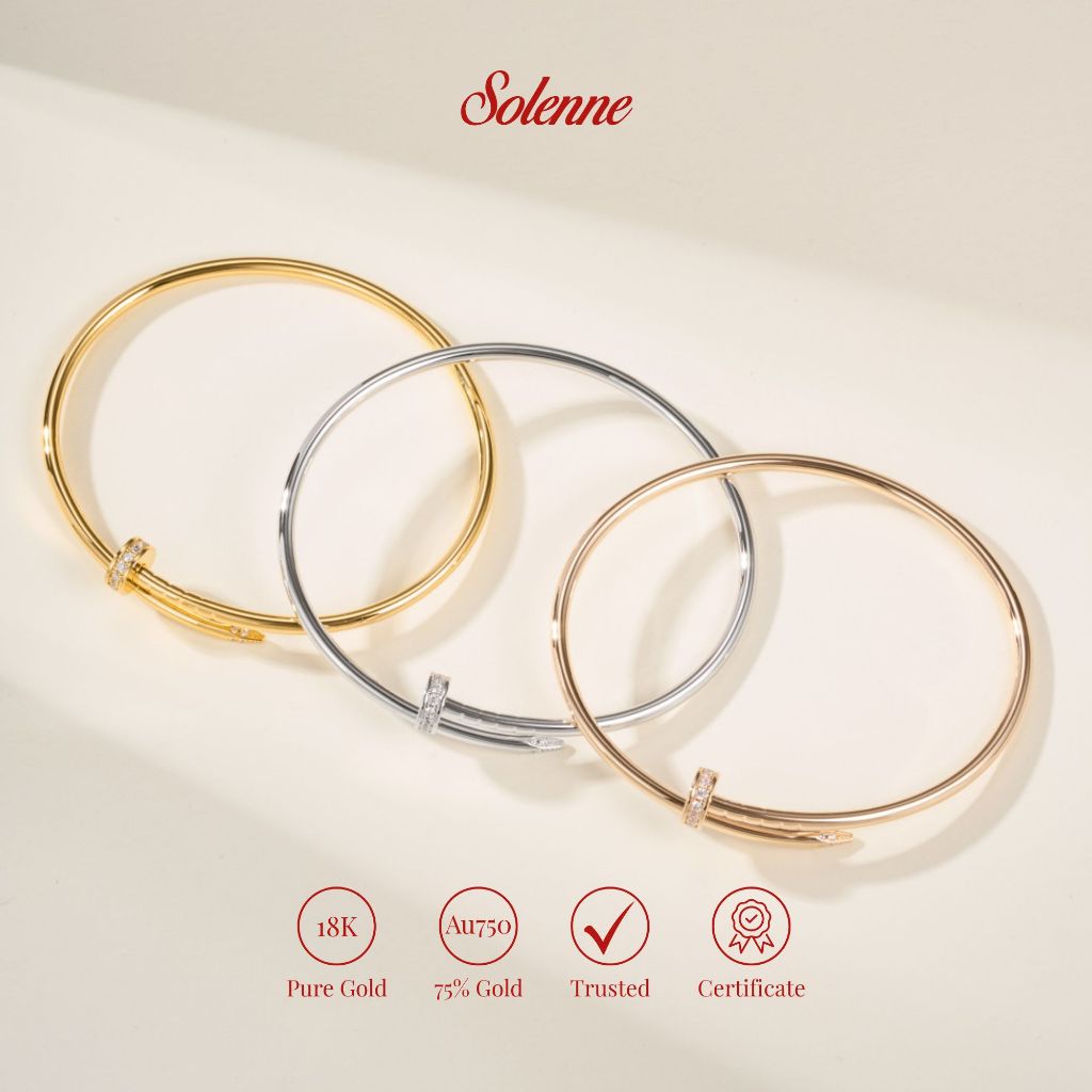 Solenne [18K/750 Emas] – Gelang Bangle Paku Tipis Detail Berlian Moissanite Diamond