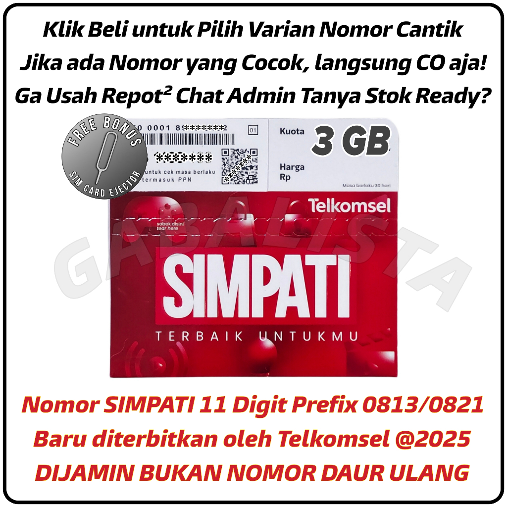 #S3M Nomor Cantik simPATI 11 Digit Kuota 3GB Kartu Perdana Telkomsel Prabayar 4G/5G