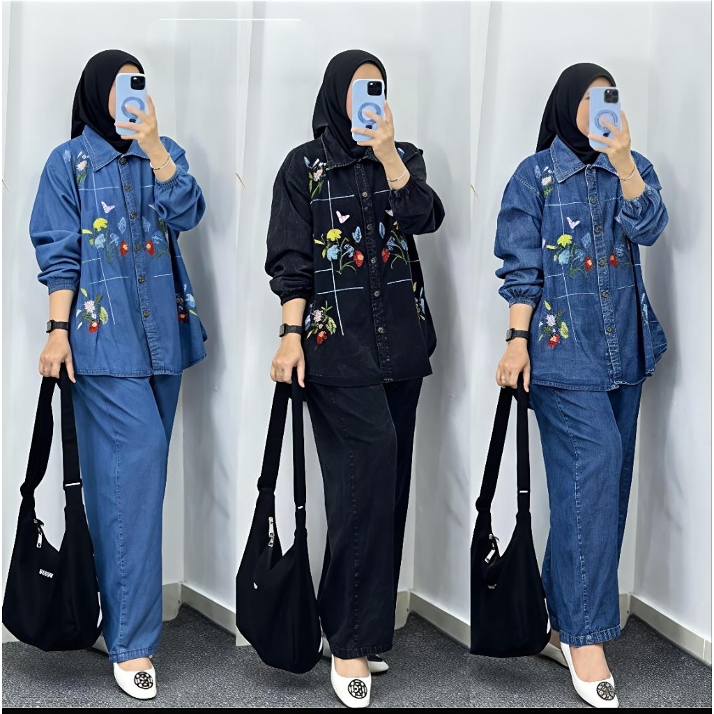 Oneset Wanita Kekinian, Setelan Jeans Denim wanita Kekinian, setelan jeans bordir kekinian, OOTD wan
