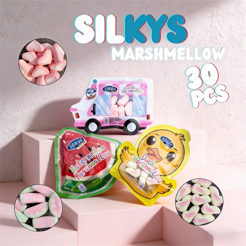 Silkys Marshmallow Karakter (Isi 30 Pcs) Bentuk Bebek/Semangka/Love - Cocok Untuk Sate Marshmallow