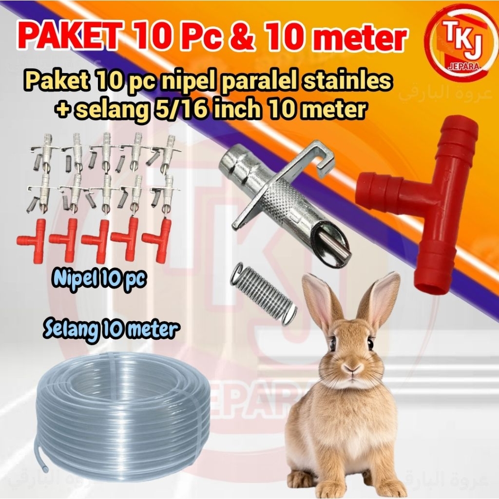 paket 10 pc nipel + selang 10 meter nipel kelinci paralel stainles M2  / yellow M1 untuk Nipel minum