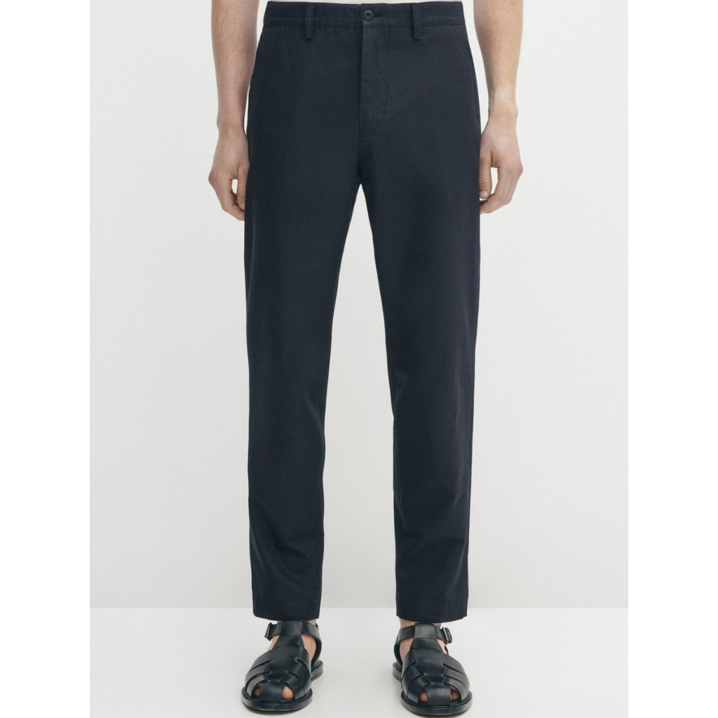 Massimo Dutti Men's Tapered Fit Cotton Linen Blend Trousers in Navy Blue - Celana Panjang Basic Casu