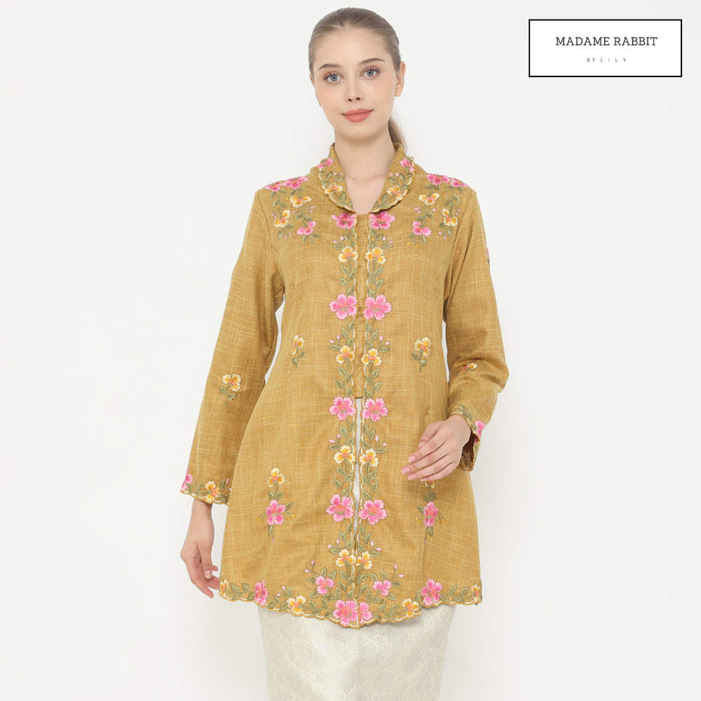 Kebaya Tunik Mustard Velvet Bloom Madame Rabbit Lengan Panjang Bordir Manual Kain Halus Cantik