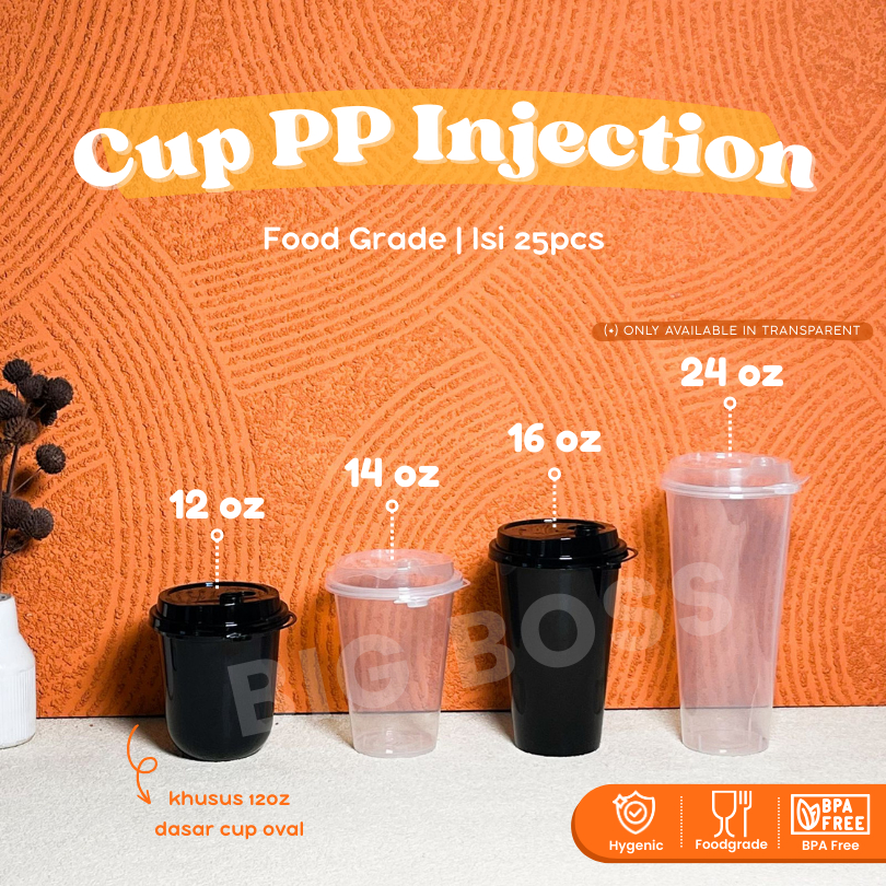 Gelas Plastik Injection Bening Transparan + Tutup 12oz 14oz 16oz 24oz / Gelas Kopi Strawless / Cup M