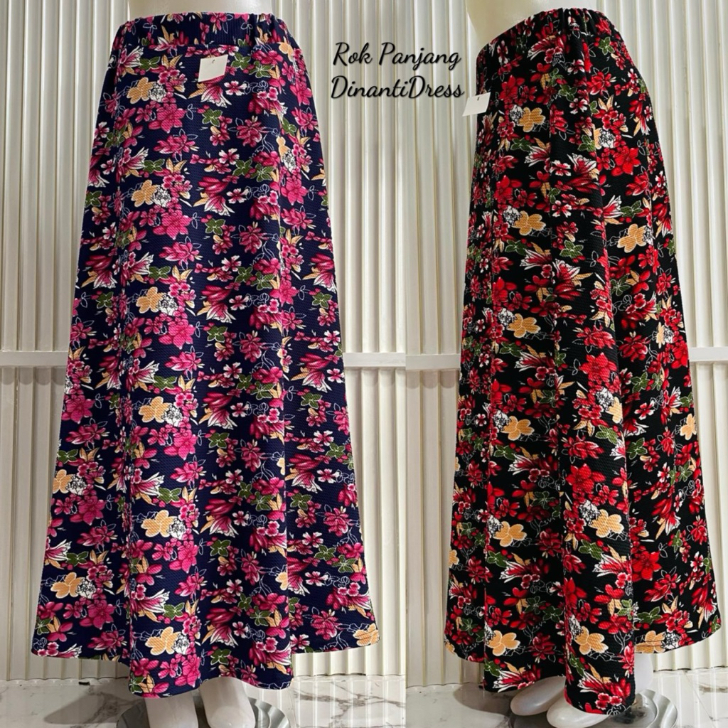 Rok Payung Panjang Wanita Motif Bunga Daun Hijau