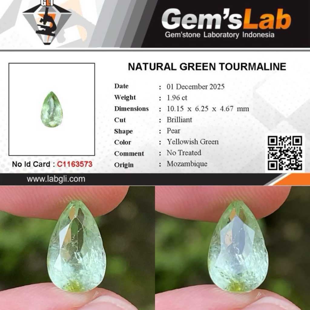 1,96 cts Natural Pear Shape Green Tourmaline origin Mozambique No Treatment Memo GLI