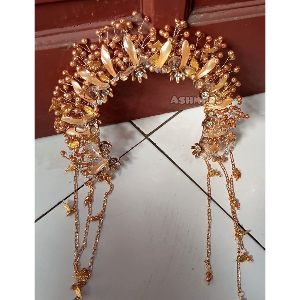 Mahkota Bando Mutiara Pengantin Juntai Gold