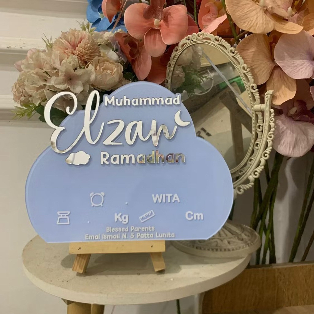 Papan Nama Bayi Akrilik 3D - AWAN (Blm Lahir) dengan Desain Timbul dan Warna Custom