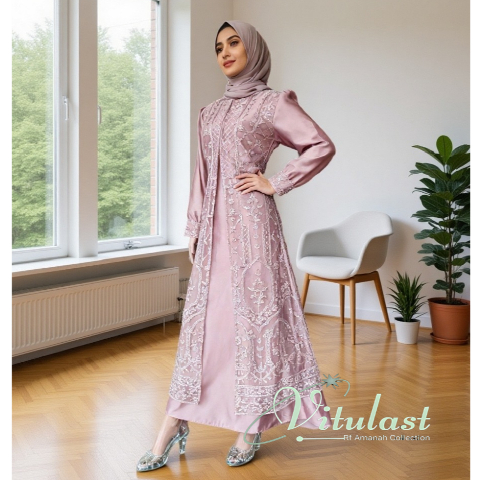 Vitulast Gaun Pesta Brukat Wanita Busui Satin Kekinian Gamis Brukat Pesta Tile Motif Mewah