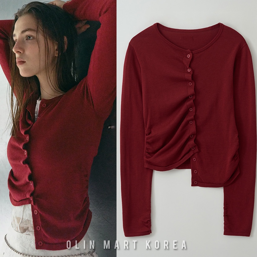 ROLAROLA SHIRRING BUTTON UNBALANCE CARDIGAN RED