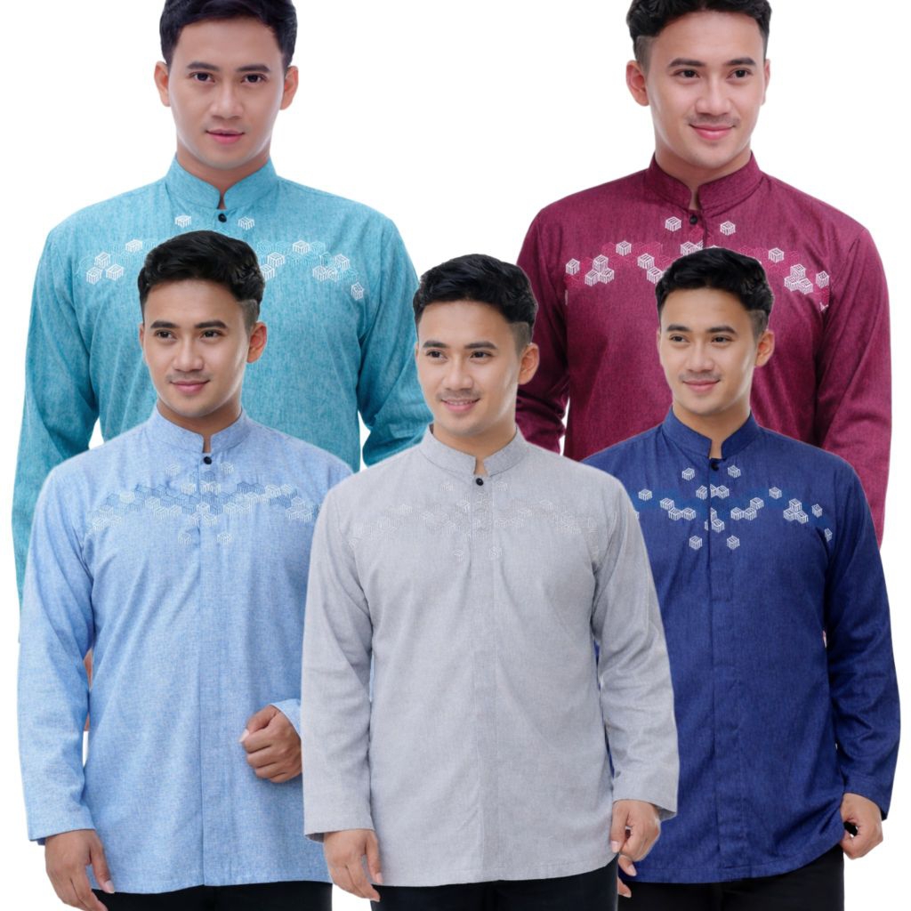 Koko Bordir Pria Motif Hexagon Lengan Panjang  Baju Koko Muslim Modern Bahan Katun Madinah Premium