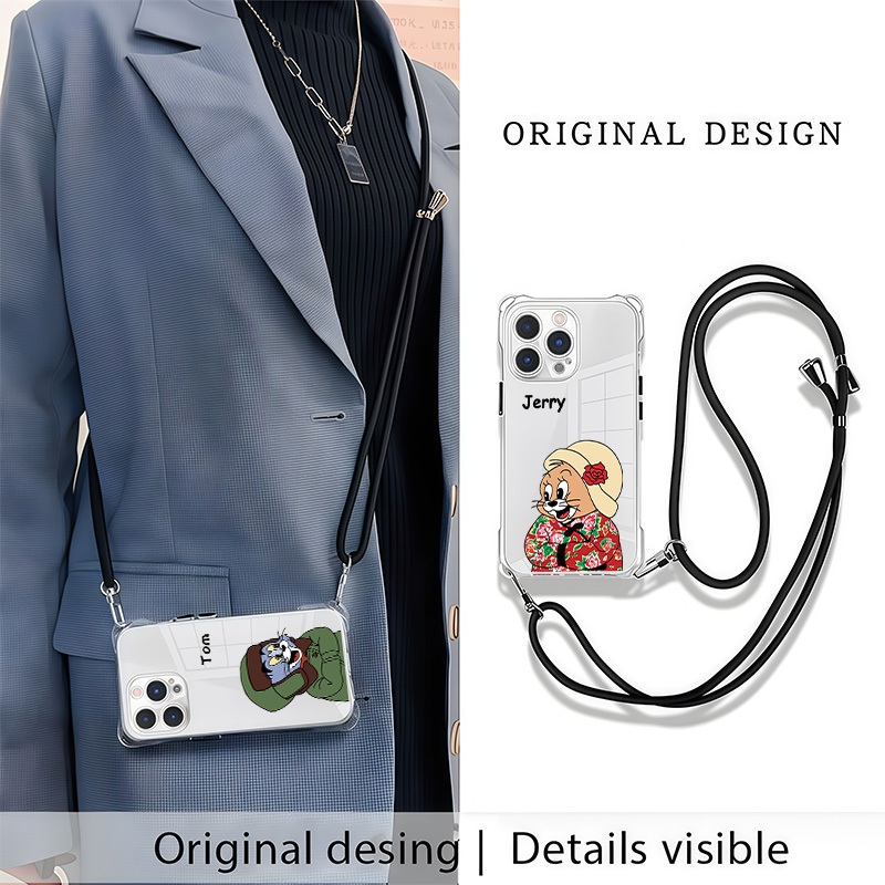 Minimalist cartoon anime design with hanging rope anti fall phone case  for iphone 15 iphone 15 pro 