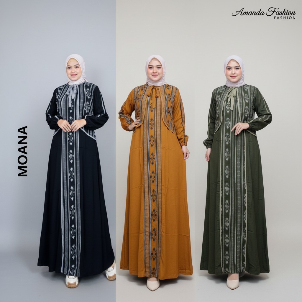 Gamis Amanda Moana Rayon Twill Premium Mix Kain Tenun Troso Cardigan WARNA VARIASI TALI & TROSO RAND