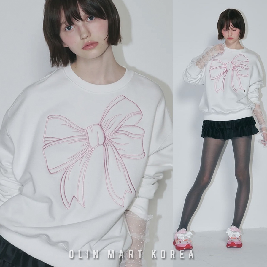 RONRON BIG RIBBON LINE SWEATSHIRT WHITE PINK