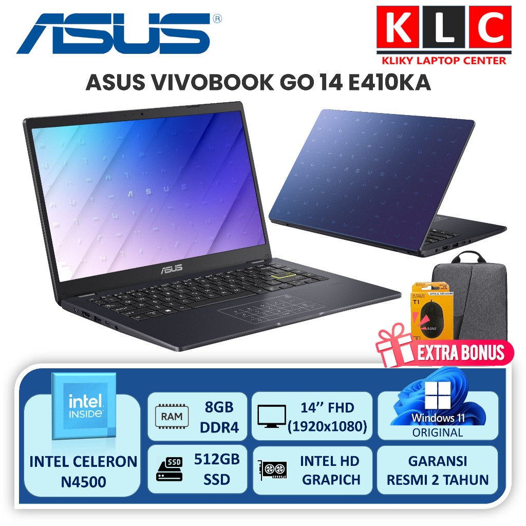 Laptop Baru Asus Vivobook GO 14 E410KA Intel N4500 Ram 8GB 512GB SSD 14 FHD Windows 11 OHS