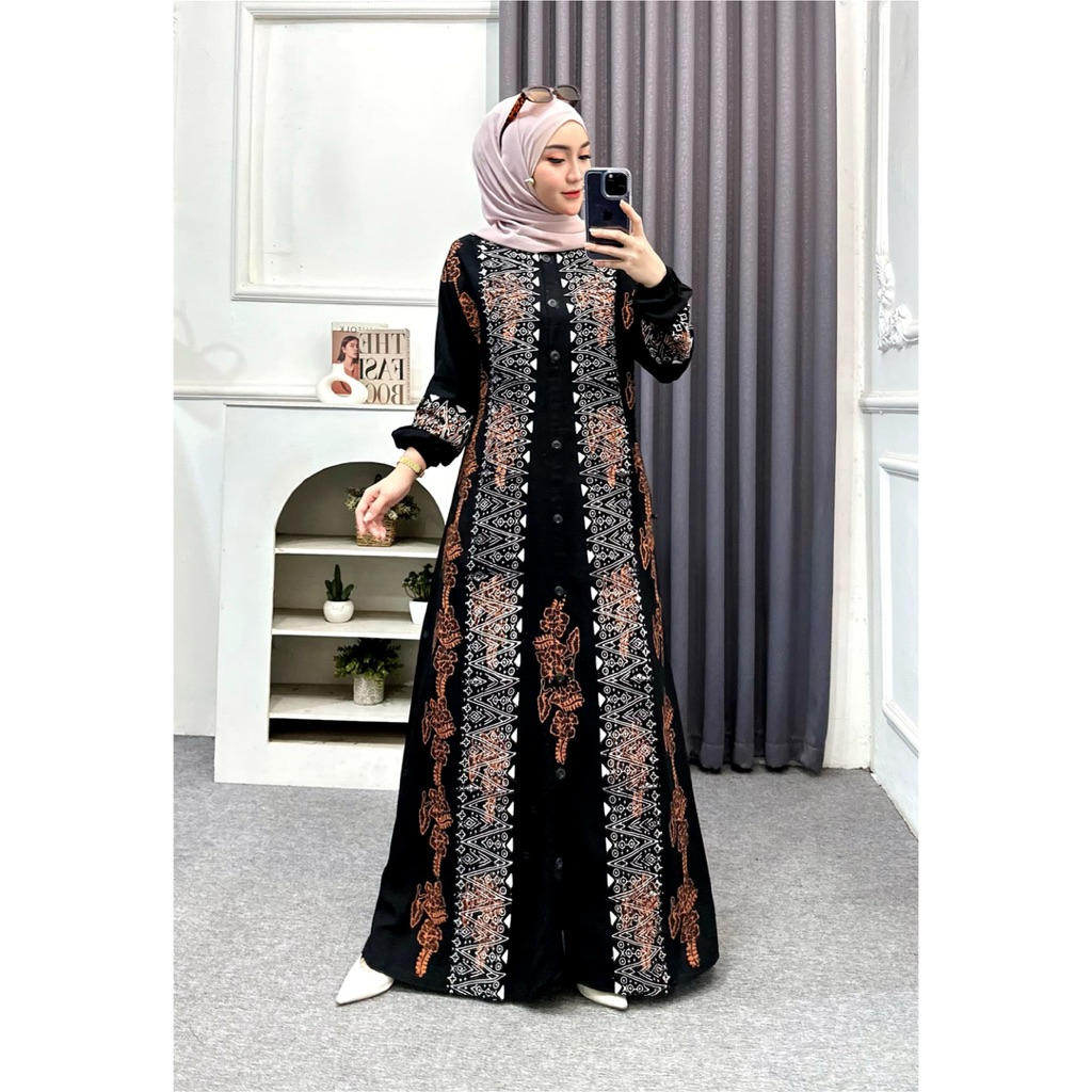 Gamis Twill Rayon Cap Malaman Premium Full Kancing Busui Friendly Panjang Motif