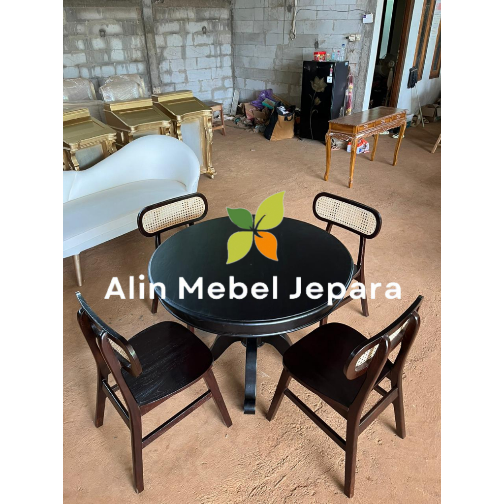 Set Meja Makan Bulat Besar, Meja Makan Kayu Jati, Kursi Rotan, Set Meja Makan Kursi Rotan