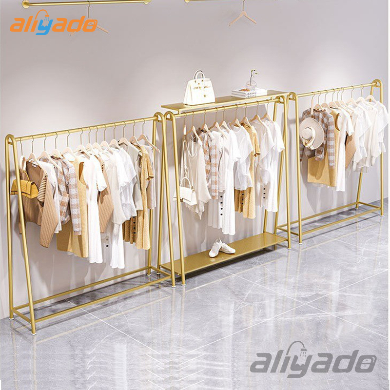 Rak Display Pakaian Emas Komersial, Gantungan Baju Viral Toko Wanita cs