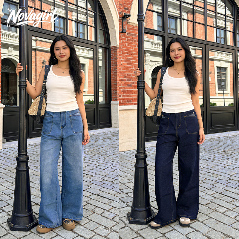 Novagirl Longgar Kulot Jeans Wanita Celana Jeans Panjang Wanita Celana Jeans Lurus Cewek OOTD 019
