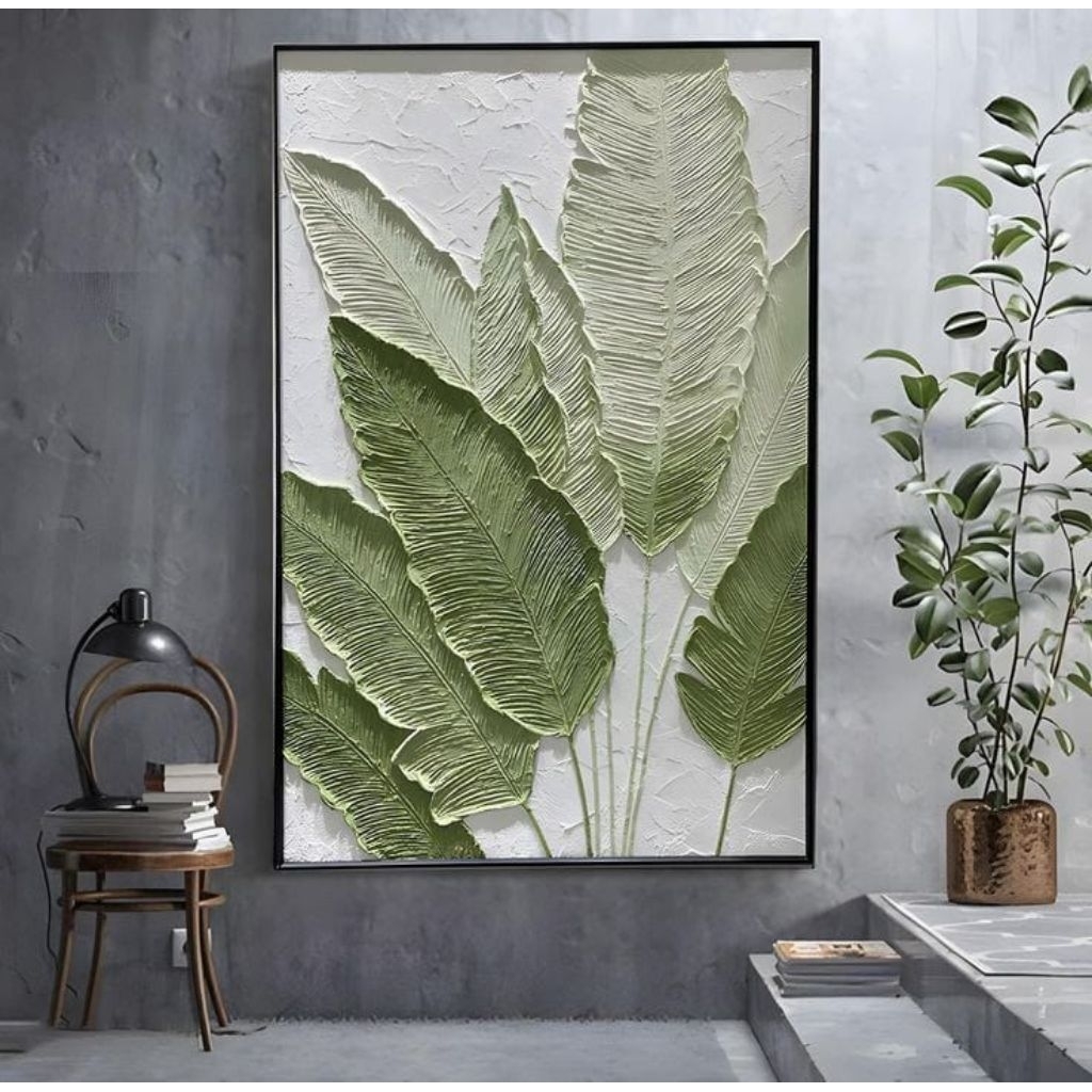 Lukisan Dinding Daun Pisang Hijau - Lukisan Tangan Asli - Lukisan Tekstur Timbul 3D - Hiasan Dinding