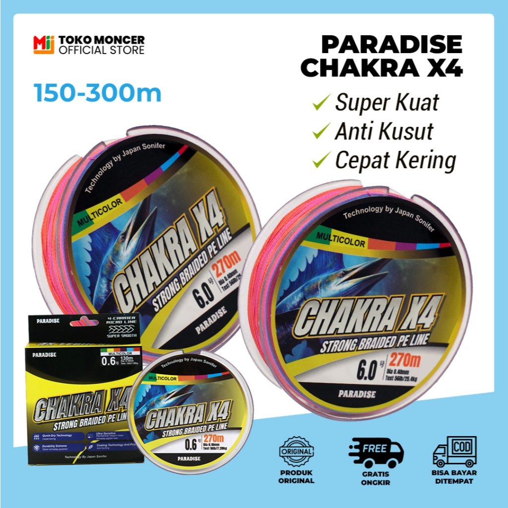Senar PE Paradise Chakra X4 4 Helai Anti Keriting Kuat Multicolor 150M-300M