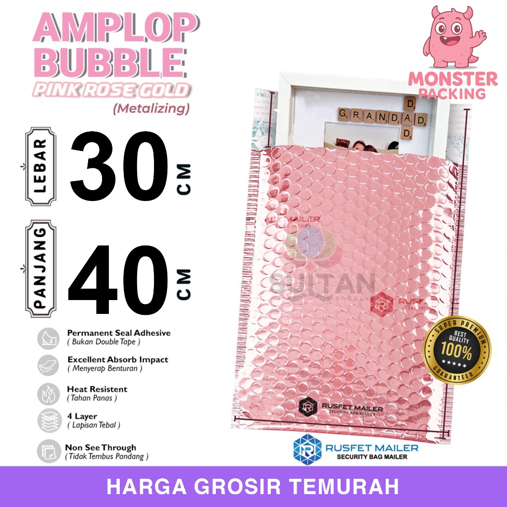 AMPLOP BUBBLE MAILER PINK ROSE GOLD 30x40cm WRAP ENVELOPE RUSFET SATUAN PREMIUM