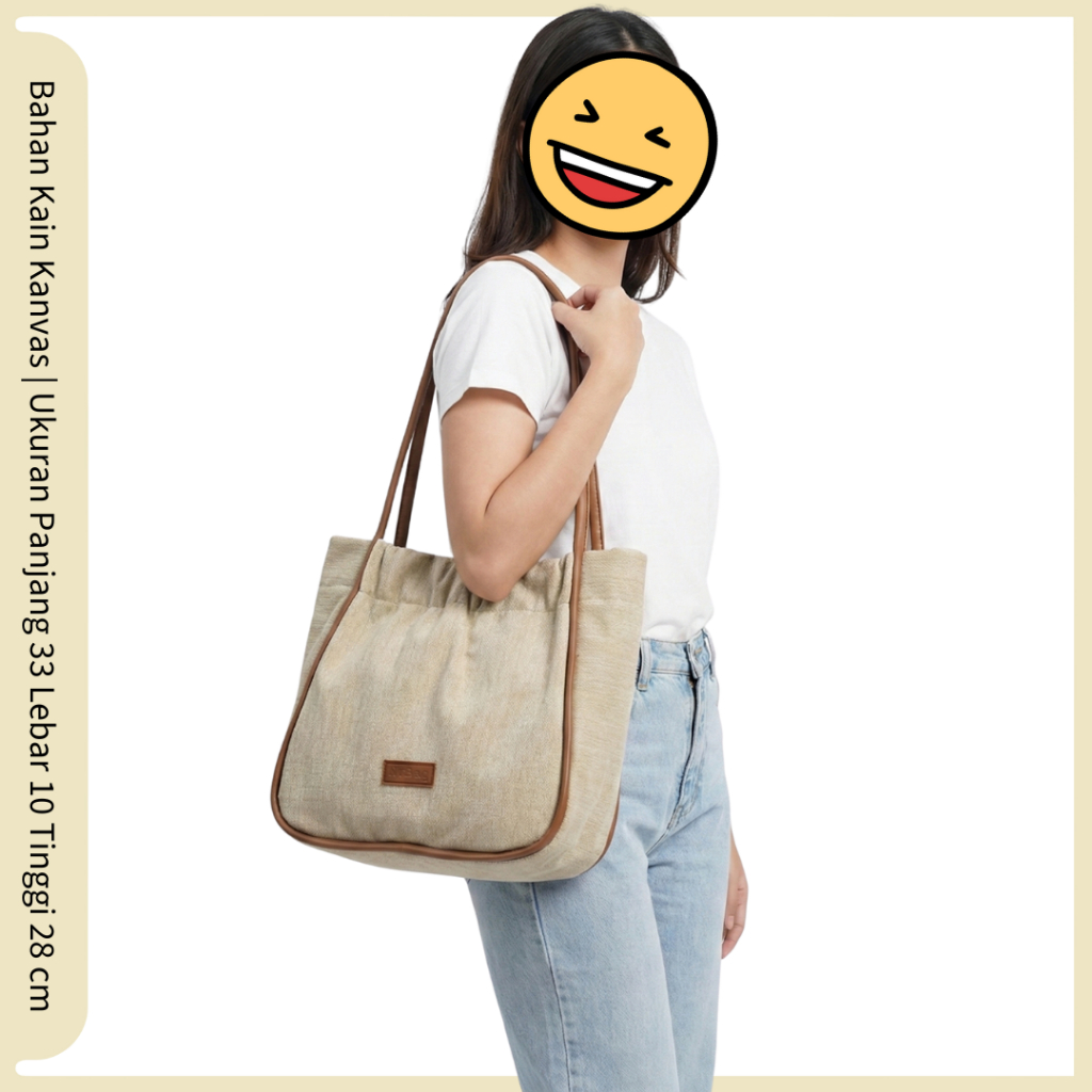 Tas Kanvas Wanita Premium Tote Bag Elegan Casual Bahan Tebal Handle Kulit Sintetis Banyak Kantong