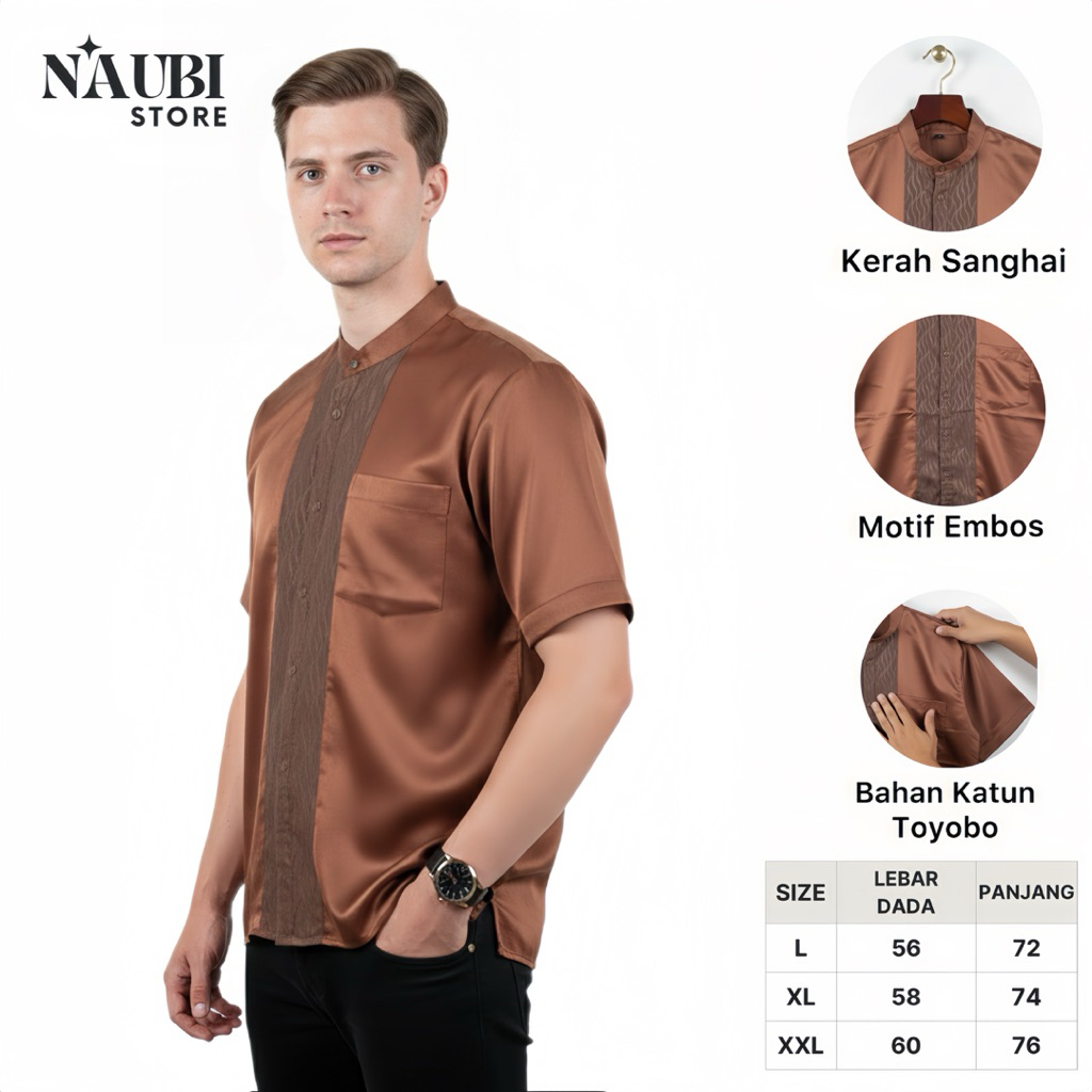 Baju Koko Pria Lengan Pendek Katun Toyobo Mocca Gold Baju Muslim Formal & Santai