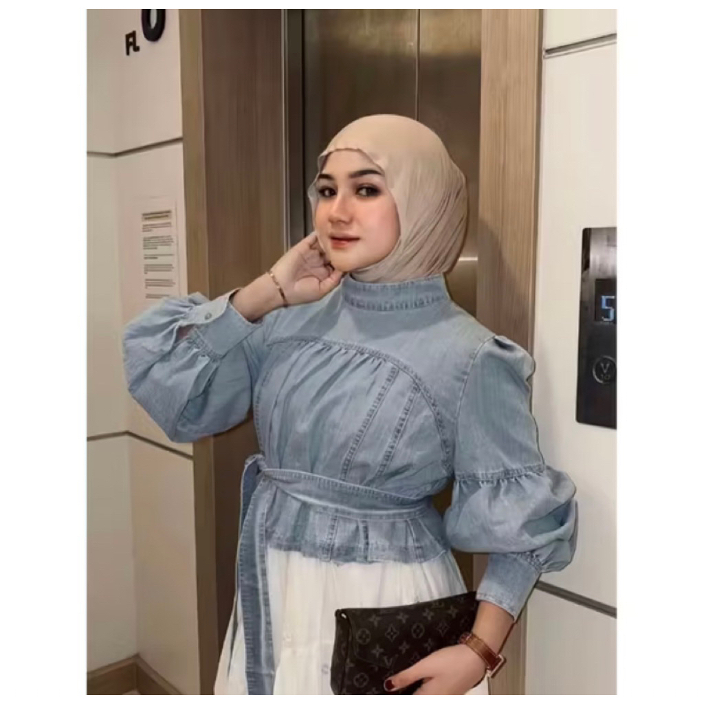 Atasan Crop Jeans Lengan Balon // Ootd Wanita Blouse Crop Jeans