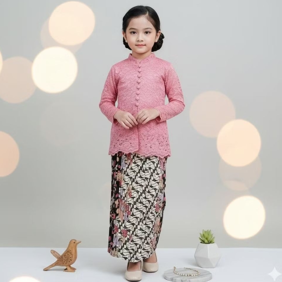 SET KEBAYA ANAK PEREMPUAN MODERN MODEL INDAH / BAJU KEBAYA BROKAT SETELAN ROK PLISKET ANAK 3 - 10 TA