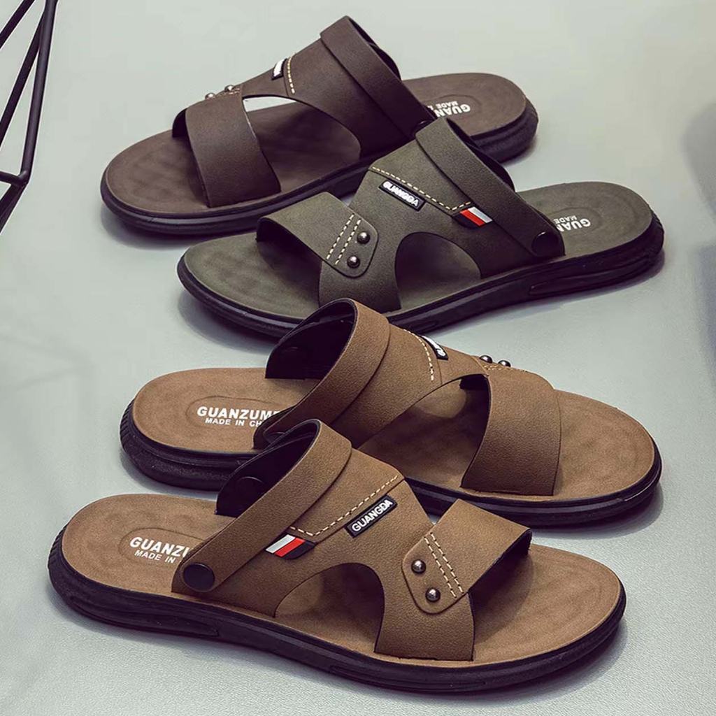TERMUR4H Sandal Pria Kulit Original Nyaman Empuk Seharian Sendal Cowok Selop Slop Laki-Laki Kasual K