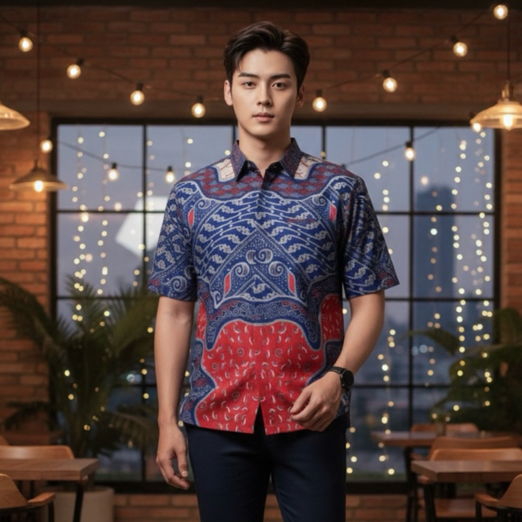 CAKRA MERAH Kemeja batik pria lengan pendek furing Full katun Slimfit